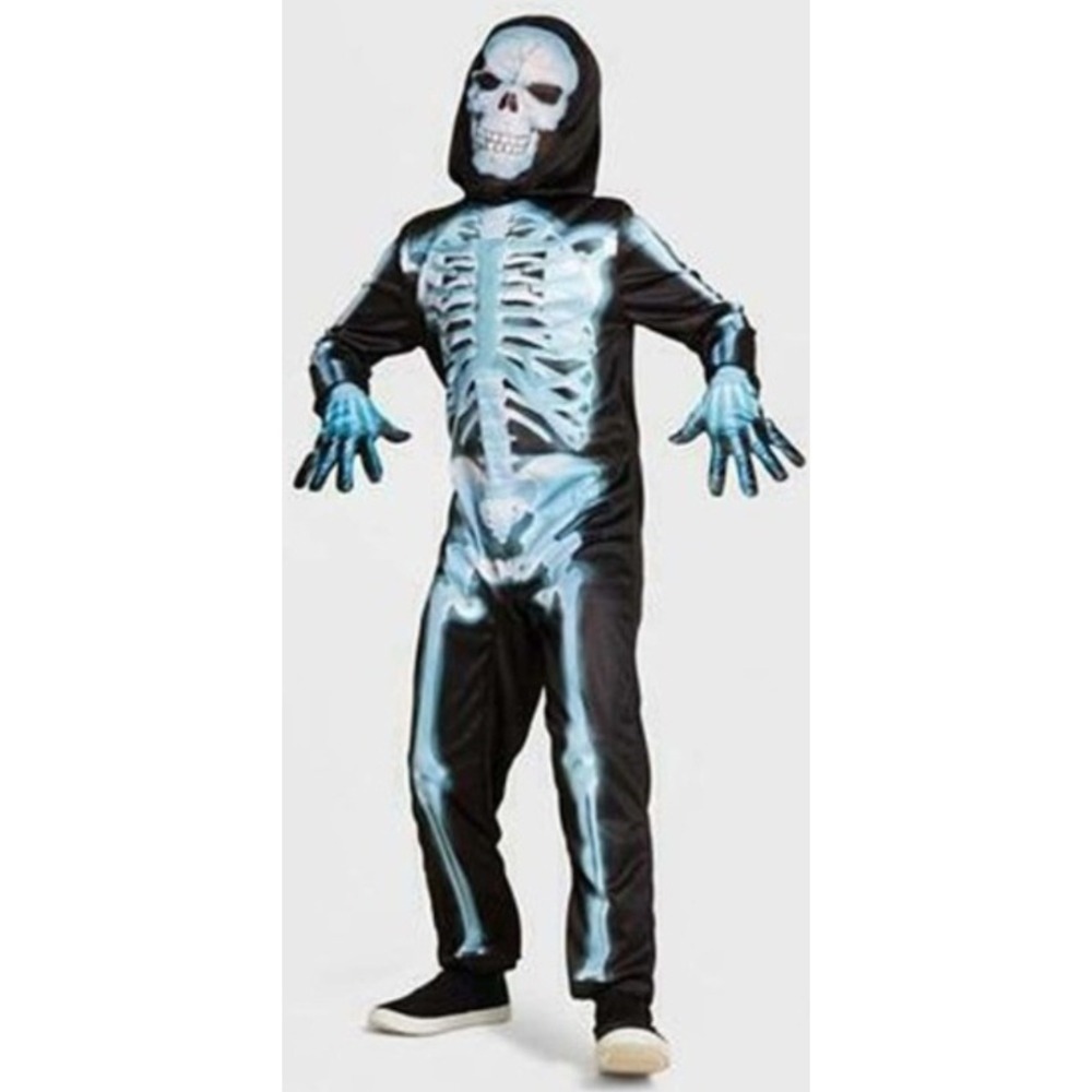 Kids X Ray Skeleton Costume Jumpsuit Mask Gloves Halloween Spooky Size‎ S NEW
